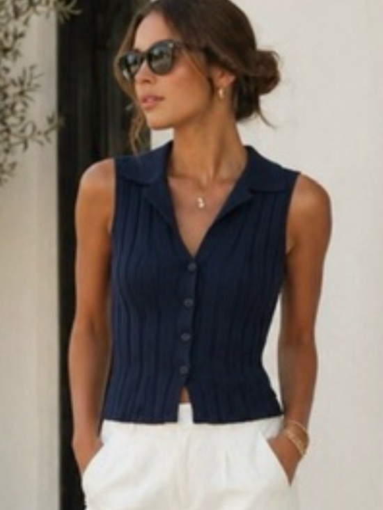 Sincerly Jules Sweaters - Sincerely Jules Navy Ribbed Sweater Sleeveless Collared Top Size S Preppy Chic